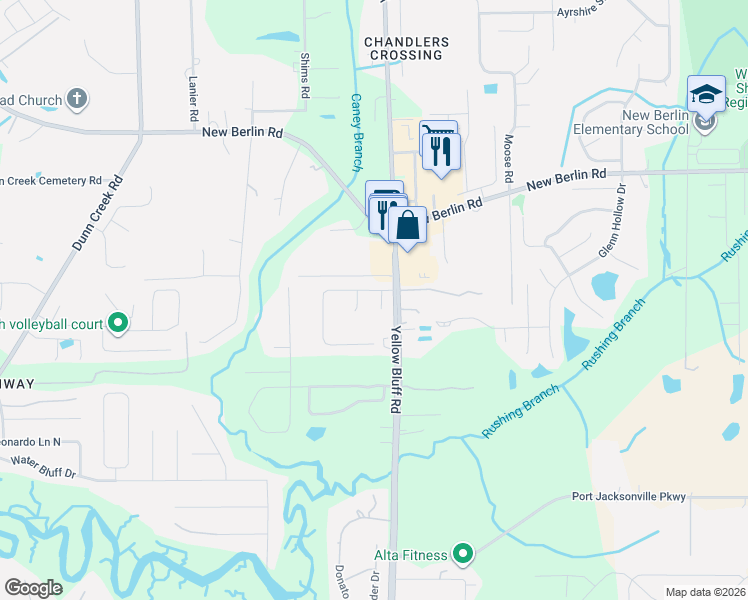 map of restaurants, bars, coffee shops, grocery stores, and more near 12265 Bonnet Court in Jacksonville