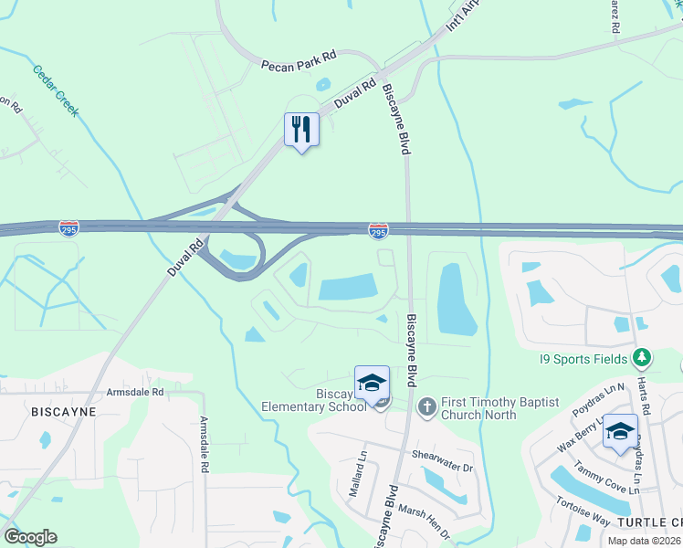 map of restaurants, bars, coffee shops, grocery stores, and more near 12450 Biscayne Boulevard in Jacksonville