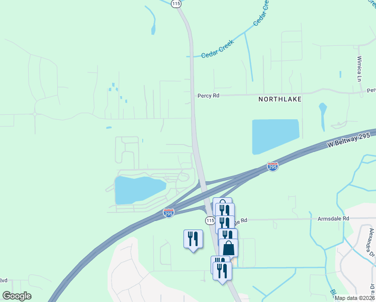 map of restaurants, bars, coffee shops, grocery stores, and more near 3838 Newcomb Road in Jacksonville