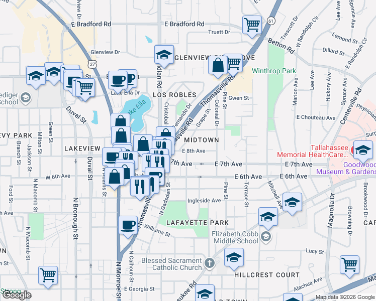 map of restaurants, bars, coffee shops, grocery stores, and more near 510 East 7th Avenue in Tallahassee