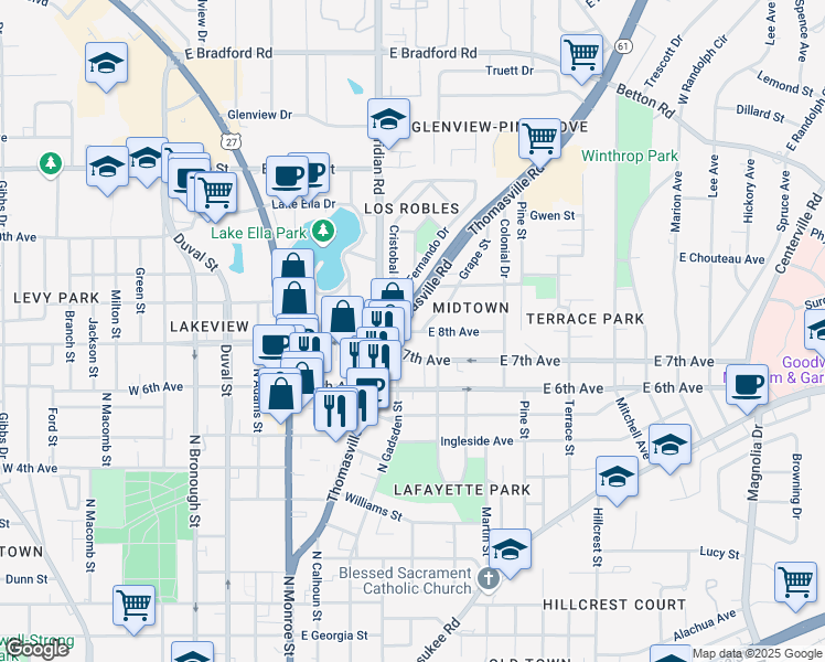 map of restaurants, bars, coffee shops, grocery stores, and more near 414 East 7th Avenue in Tallahassee