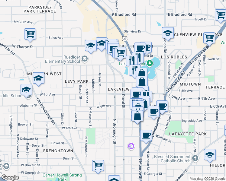 map of restaurants, bars, coffee shops, grocery stores, and more near 319 West 7th Avenue in Tallahassee