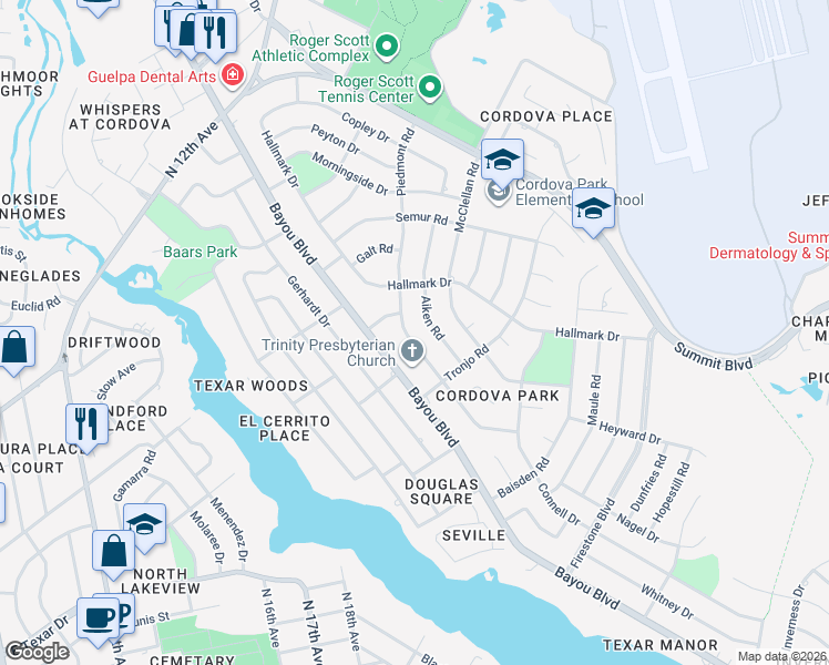 map of restaurants, bars, coffee shops, grocery stores, and more near 3400 Bayou Boulevard in Pensacola