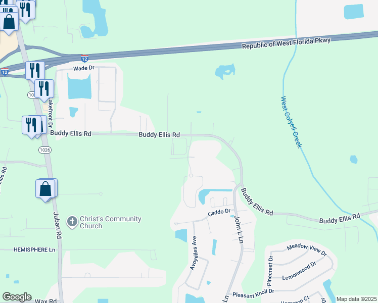 map of restaurants, bars, coffee shops, grocery stores, and more near 11000 Buddy Ellis Road in Denham Springs