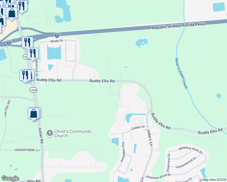 map of restaurants, bars, coffee shops, grocery stores, and more near 11000 Buddy Ellis Road in Denham Springs