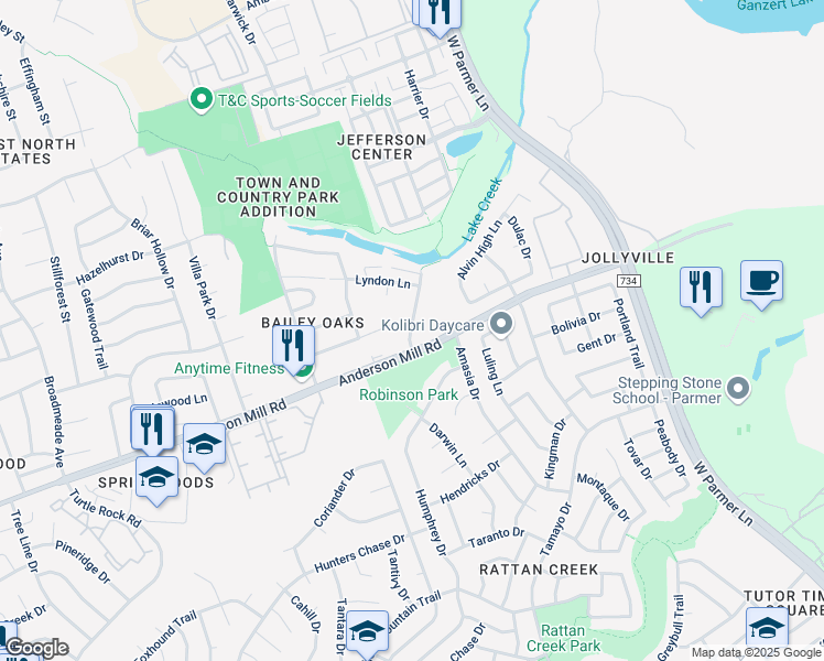 map of restaurants, bars, coffee shops, grocery stores, and more near 13301 Saddlebrook Trail in Austin