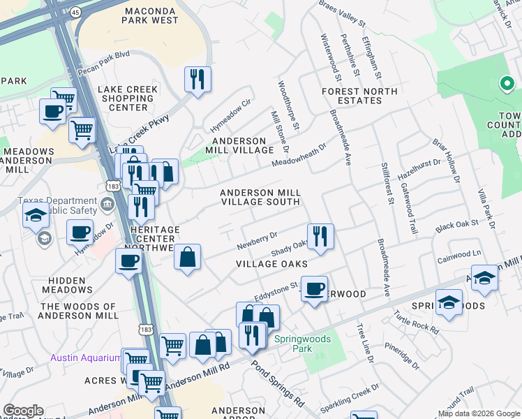 map of restaurants, bars, coffee shops, grocery stores, and more near 9612 Woodvale Drive in Austin