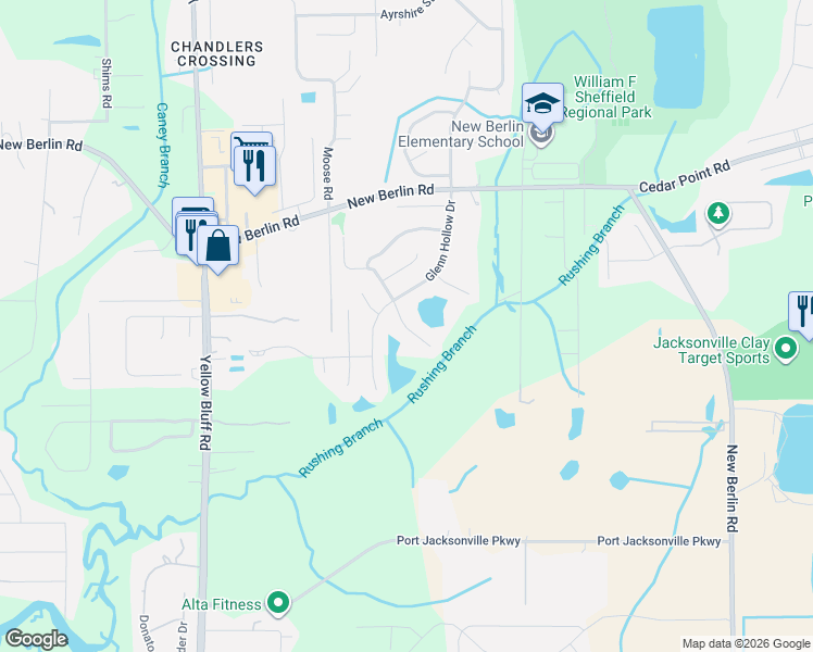 map of restaurants, bars, coffee shops, grocery stores, and more near 12259 Glenn Hollow Drive in Jacksonville