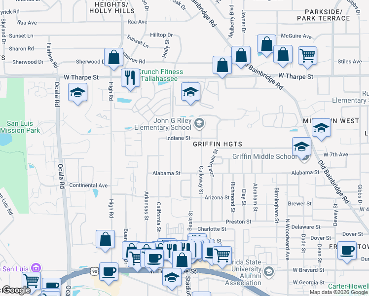 map of restaurants, bars, coffee shops, grocery stores, and more near 1320 Connecticut Street in Tallahassee