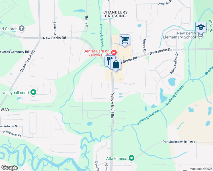 map of restaurants, bars, coffee shops, grocery stores, and more near 12265 Bonnet Court in Jacksonville
