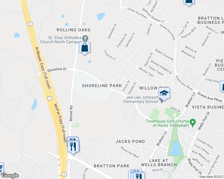 map of restaurants, bars, coffee shops, grocery stores, and more near Shoreline Drive in Austin