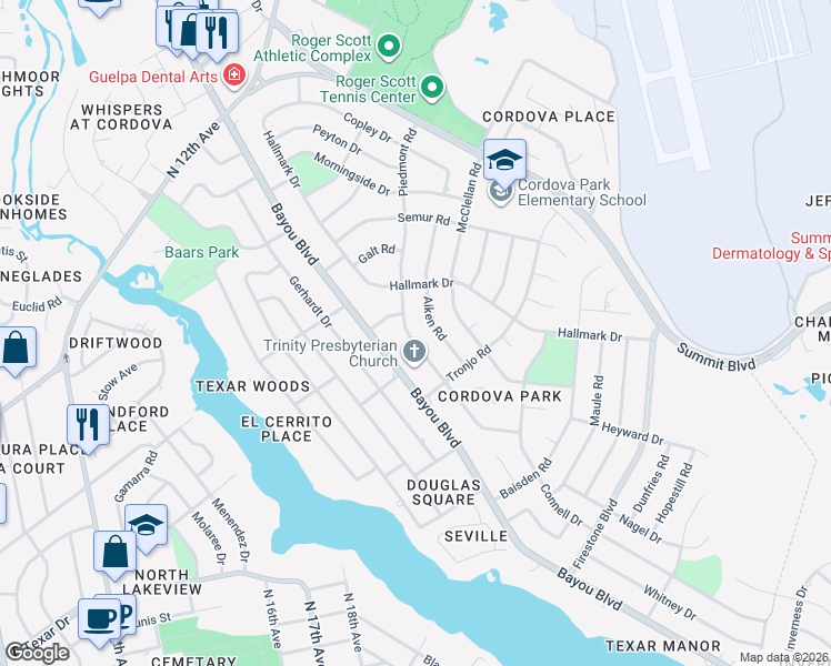 map of restaurants, bars, coffee shops, grocery stores, and more near 3400 Bayou Boulevard in Pensacola