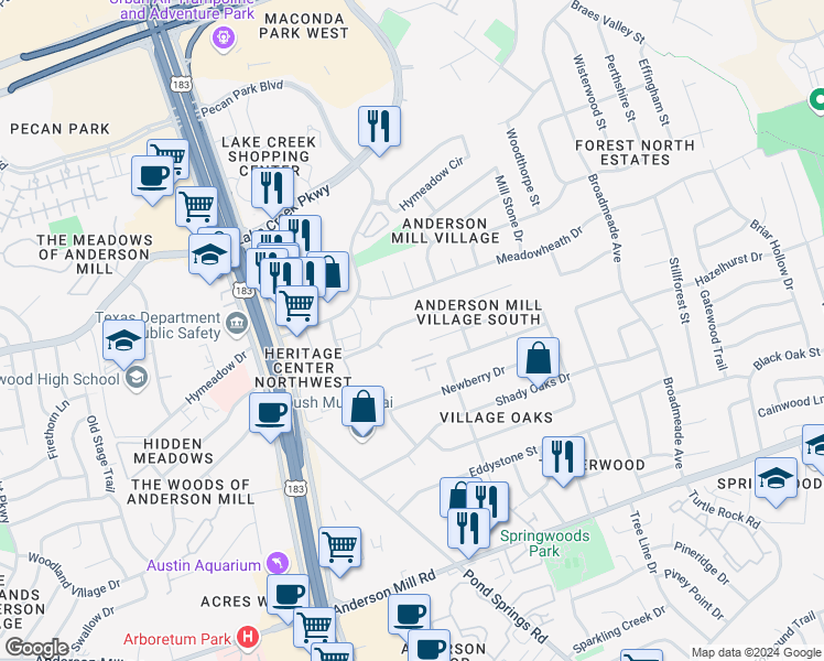 map of restaurants, bars, coffee shops, grocery stores, and more near 9719 Copper Creek Drive in Austin