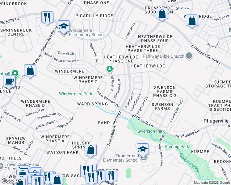 map of restaurants, bars, coffee shops, grocery stores, and more near 16902 Simsbrook Drive in Pflugerville