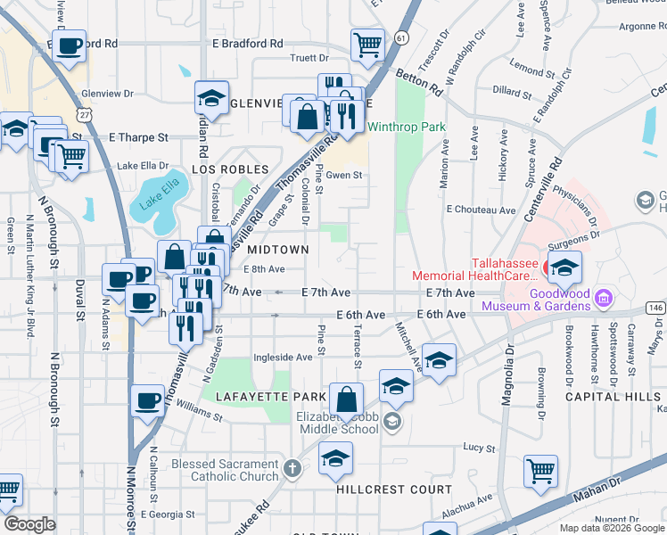 map of restaurants, bars, coffee shops, grocery stores, and more near 1335 Colonial Drive in Tallahassee