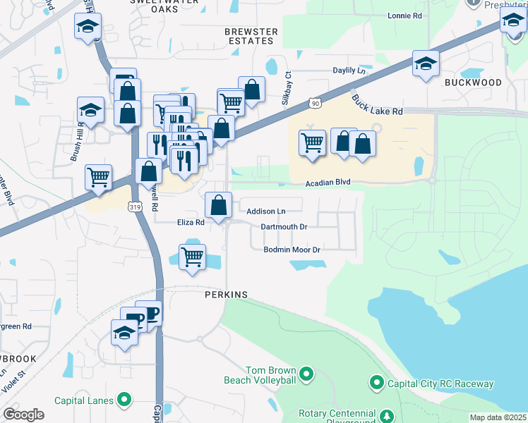 map of restaurants, bars, coffee shops, grocery stores, and more near 3255 Addison Lane in Tallahassee