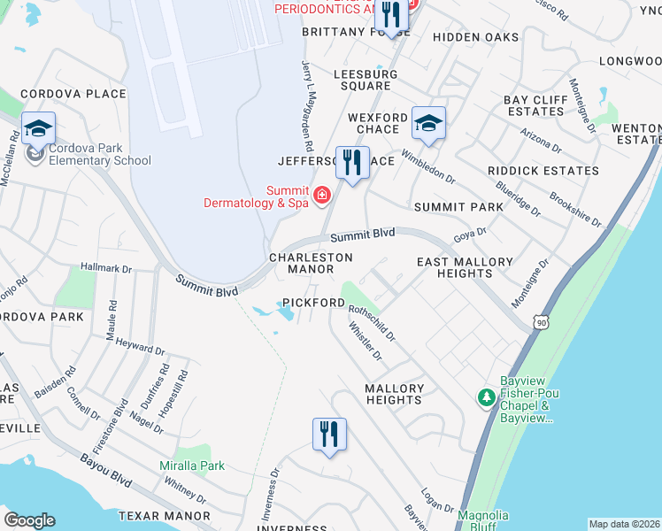 map of restaurants, bars, coffee shops, grocery stores, and more near 3841 Belle Meade Court in Pensacola