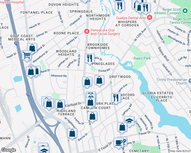 map of restaurants, bars, coffee shops, grocery stores, and more near 175 Mango Street in Pensacola