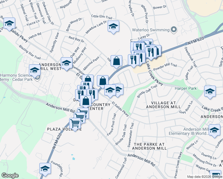 map of restaurants, bars, coffee shops, grocery stores, and more near 11900 Broad Leaf Cove in Austin