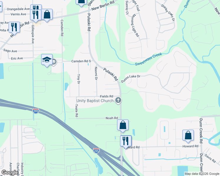 map of restaurants, bars, coffee shops, grocery stores, and more near 12254 Pulaski Road in Jacksonville