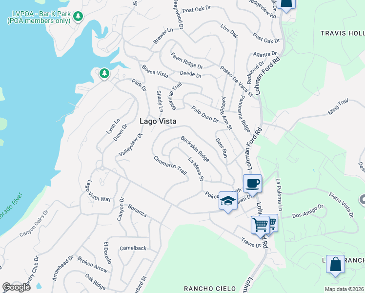 map of restaurants, bars, coffee shops, grocery stores, and more near 20702 Buckskin Ridge in Lago Vista
