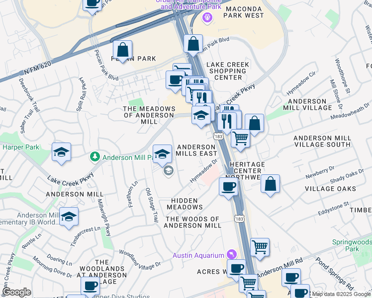 map of restaurants, bars, coffee shops, grocery stores, and more near 13740 U.S. 183 in Austin