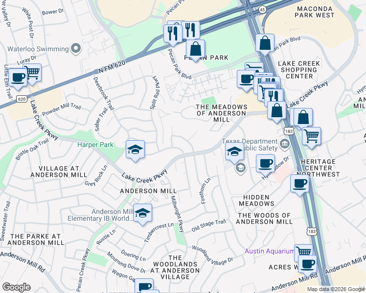 map of restaurants, bars, coffee shops, grocery stores, and more near 12330 Double Tree Lane in Austin