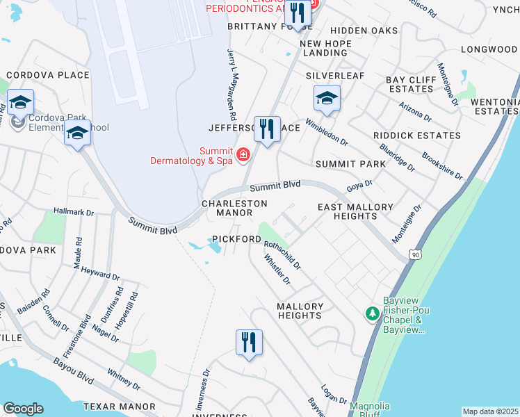 map of restaurants, bars, coffee shops, grocery stores, and more near 3331 Summit Boulevard in Pensacola