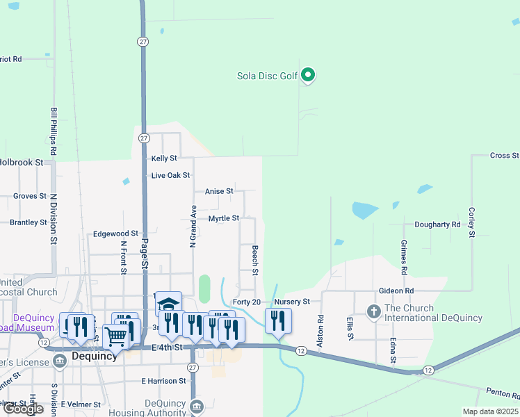 map of restaurants, bars, coffee shops, grocery stores, and more near 1099 Anise St in DeQuincy