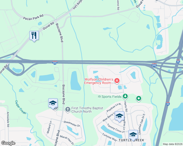 map of restaurants, bars, coffee shops, grocery stores, and more near 1104 Cherry Point Way in Jacksonville
