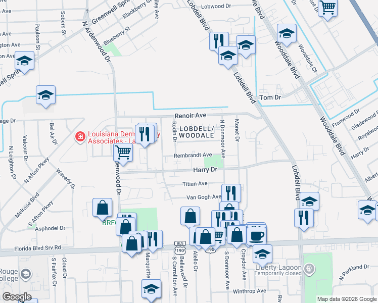 map of restaurants, bars, coffee shops, grocery stores, and more near 6746 Goya Avenue in Baton Rouge