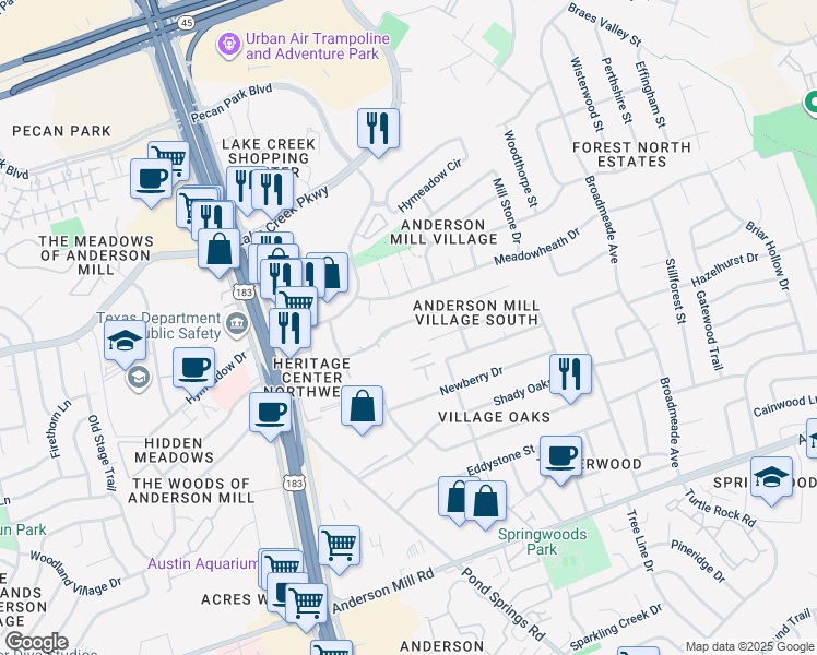 map of restaurants, bars, coffee shops, grocery stores, and more near 9723 Copper Creek Drive in Austin