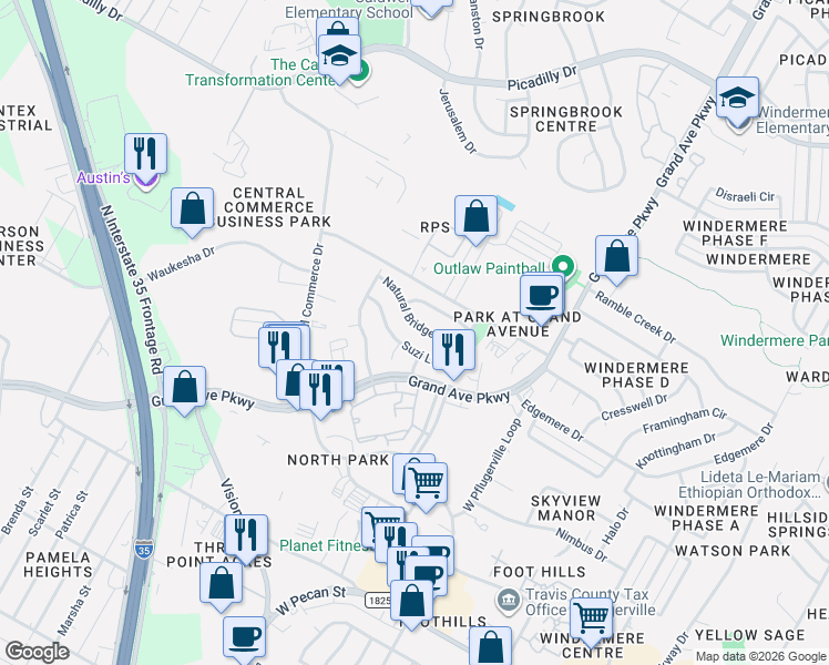 map of restaurants, bars, coffee shops, grocery stores, and more near 1520 Natural Bridge Lane in Pflugerville