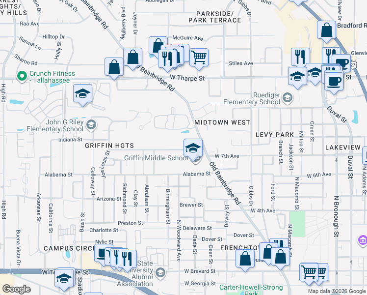 map of restaurants, bars, coffee shops, grocery stores, and more near 906 Volusia Street in Tallahassee