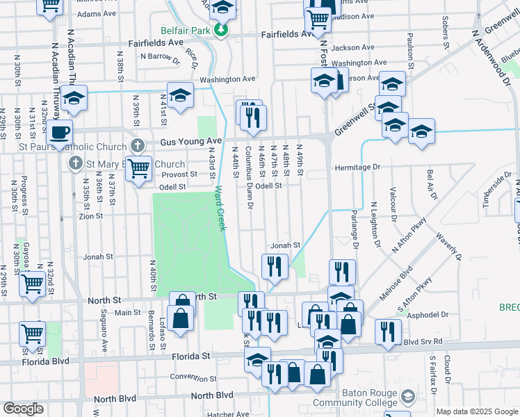 map of restaurants, bars, coffee shops, grocery stores, and more near 1145 North 47th Street in Baton Rouge