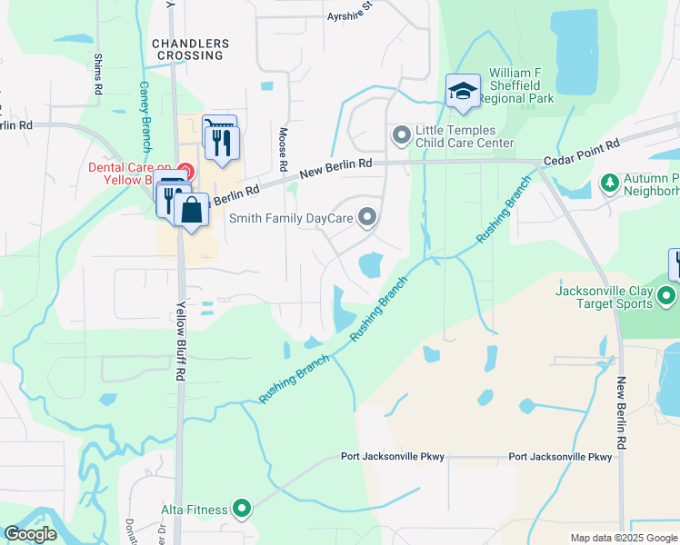 map of restaurants, bars, coffee shops, grocery stores, and more near 12316 Hickory Forest Road in Jacksonville