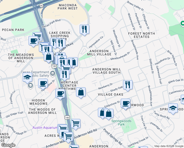 map of restaurants, bars, coffee shops, grocery stores, and more near 9712 Copper Creek Drive in Austin