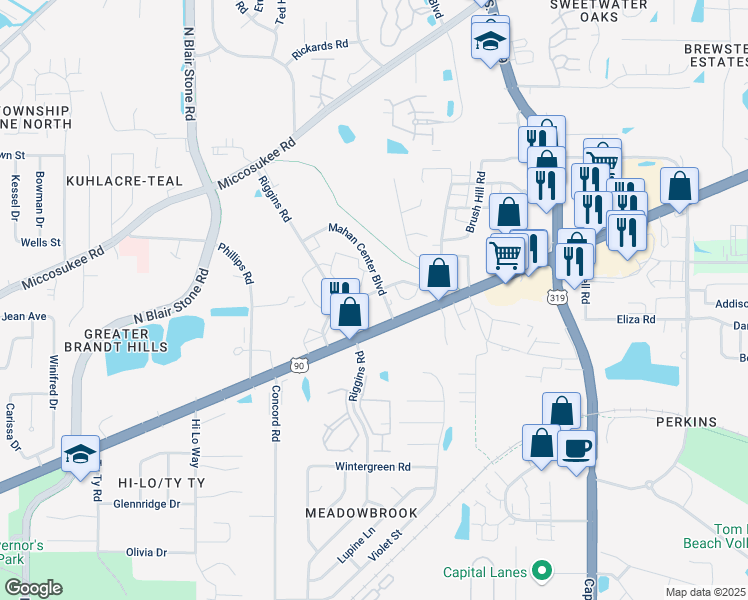 map of restaurants, bars, coffee shops, grocery stores, and more near 1618 Mahan Center Boulevard in Tallahassee