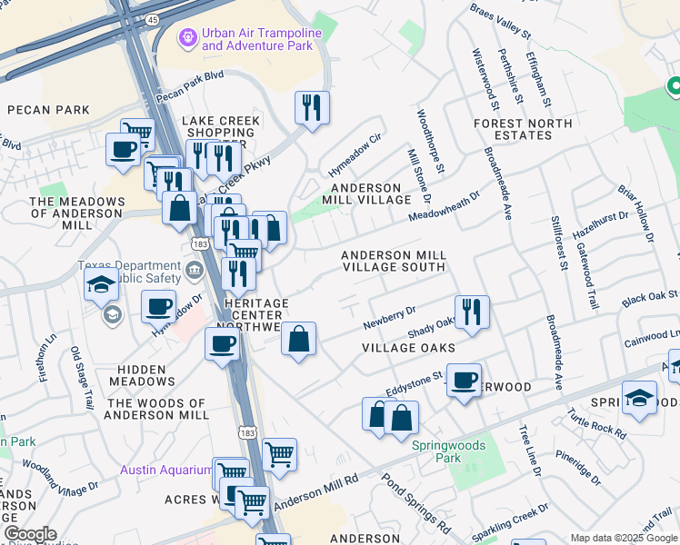 map of restaurants, bars, coffee shops, grocery stores, and more near 9721 Copper Creek Drive in Austin
