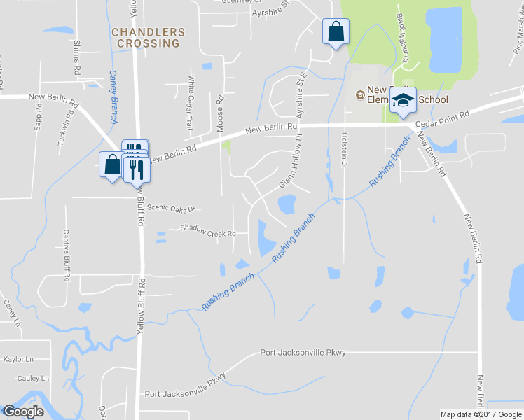 map of restaurants, bars, coffee shops, grocery stores, and more near 12315 Glenn Hollow Drive in Jacksonville