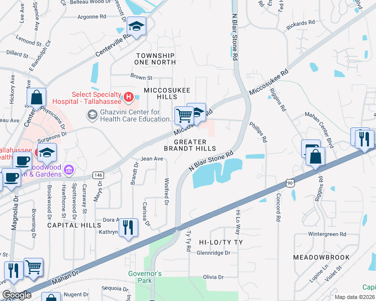 map of restaurants, bars, coffee shops, grocery stores, and more near 1413 McCauley Road in Tallahassee