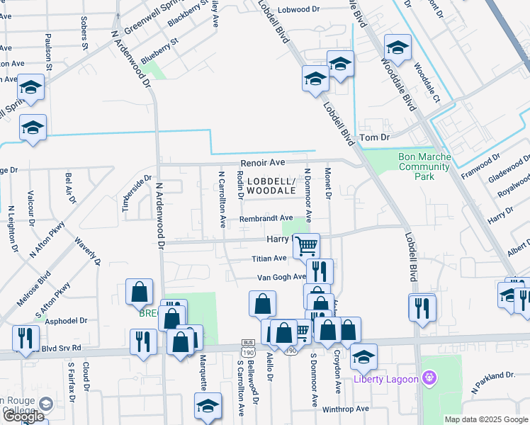 map of restaurants, bars, coffee shops, grocery stores, and more near 6746 Goya Avenue in Baton Rouge