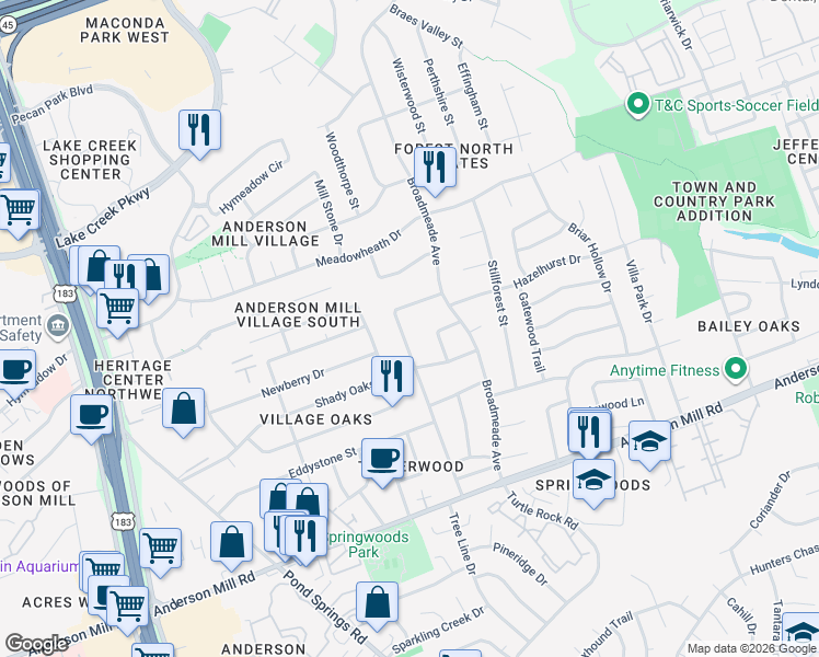 map of restaurants, bars, coffee shops, grocery stores, and more near 13019 Sherbourne Street in Austin