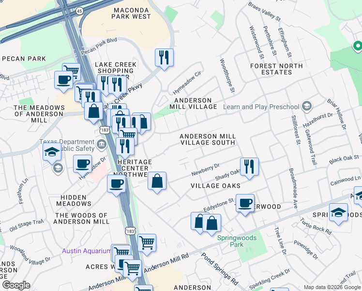 map of restaurants, bars, coffee shops, grocery stores, and more near 9712 Copper Creek Drive in Austin