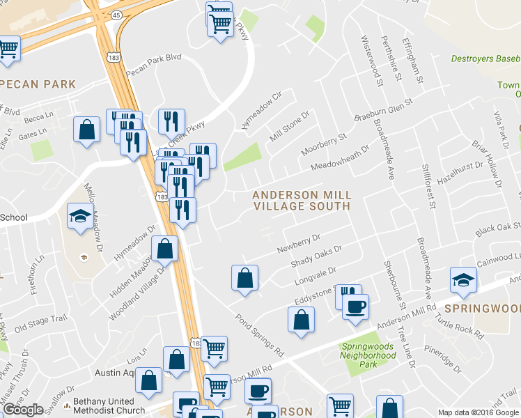 map of restaurants, bars, coffee shops, grocery stores, and more near 9712 Copper Creek Drive in Austin