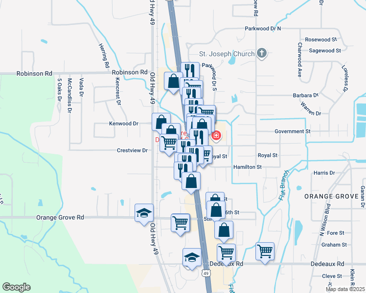 map of restaurants, bars, coffee shops, grocery stores, and more near 12057 U.S. 49 in Gulfport