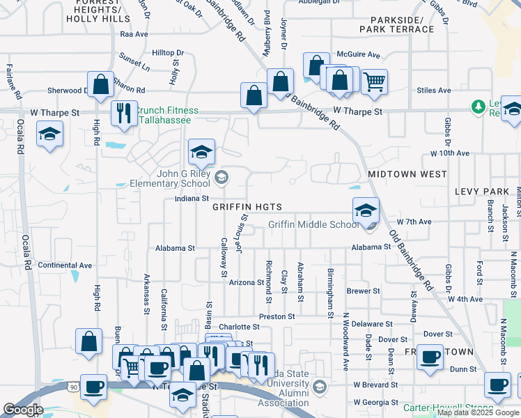 map of restaurants, bars, coffee shops, grocery stores, and more near 1302 Volusia Street in Tallahassee