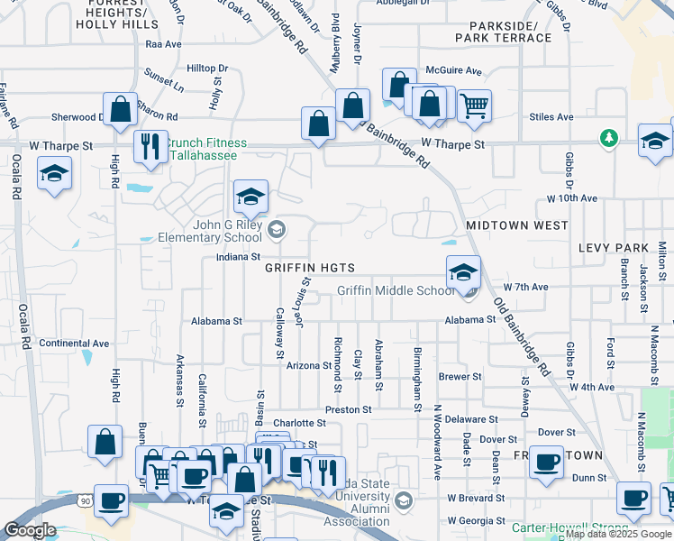 map of restaurants, bars, coffee shops, grocery stores, and more near 1302 Volusia Street in Tallahassee