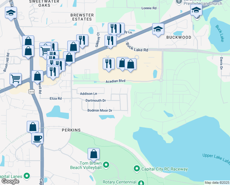 map of restaurants, bars, coffee shops, grocery stores, and more near 3512 Torrington Way in Tallahassee