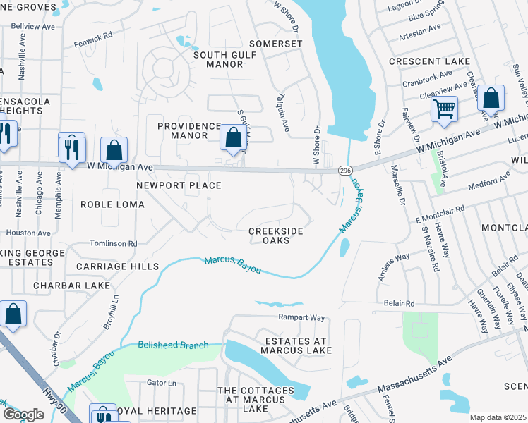map of restaurants, bars, coffee shops, grocery stores, and more near 2329 Caddy Shack Lane in Pensacola